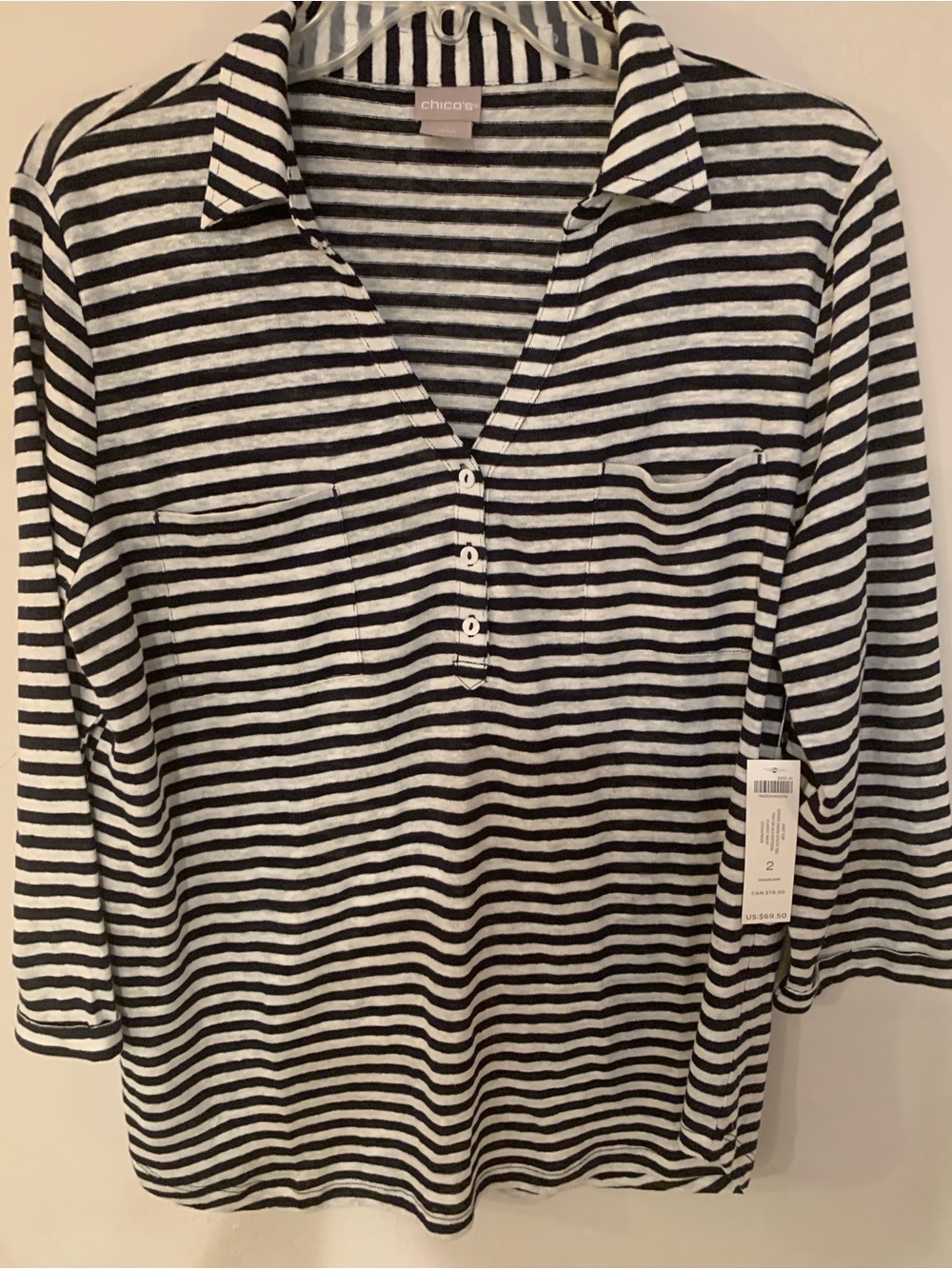 Chico's Black & White Striped 3/4 Sleeve Linen Blend Button Top size 2/L NWT